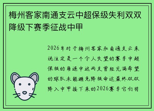 梅州客家南通支云中超保级失利双双降级下赛季征战中甲
